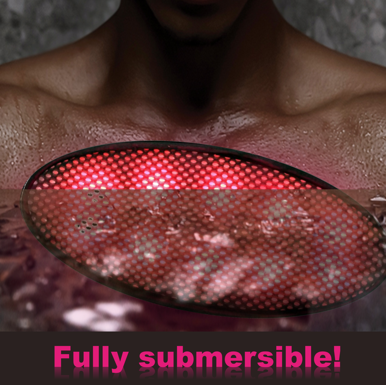 Wearable device with red mesh lights, backed by 60-day money-back guarantee and fully submersible.