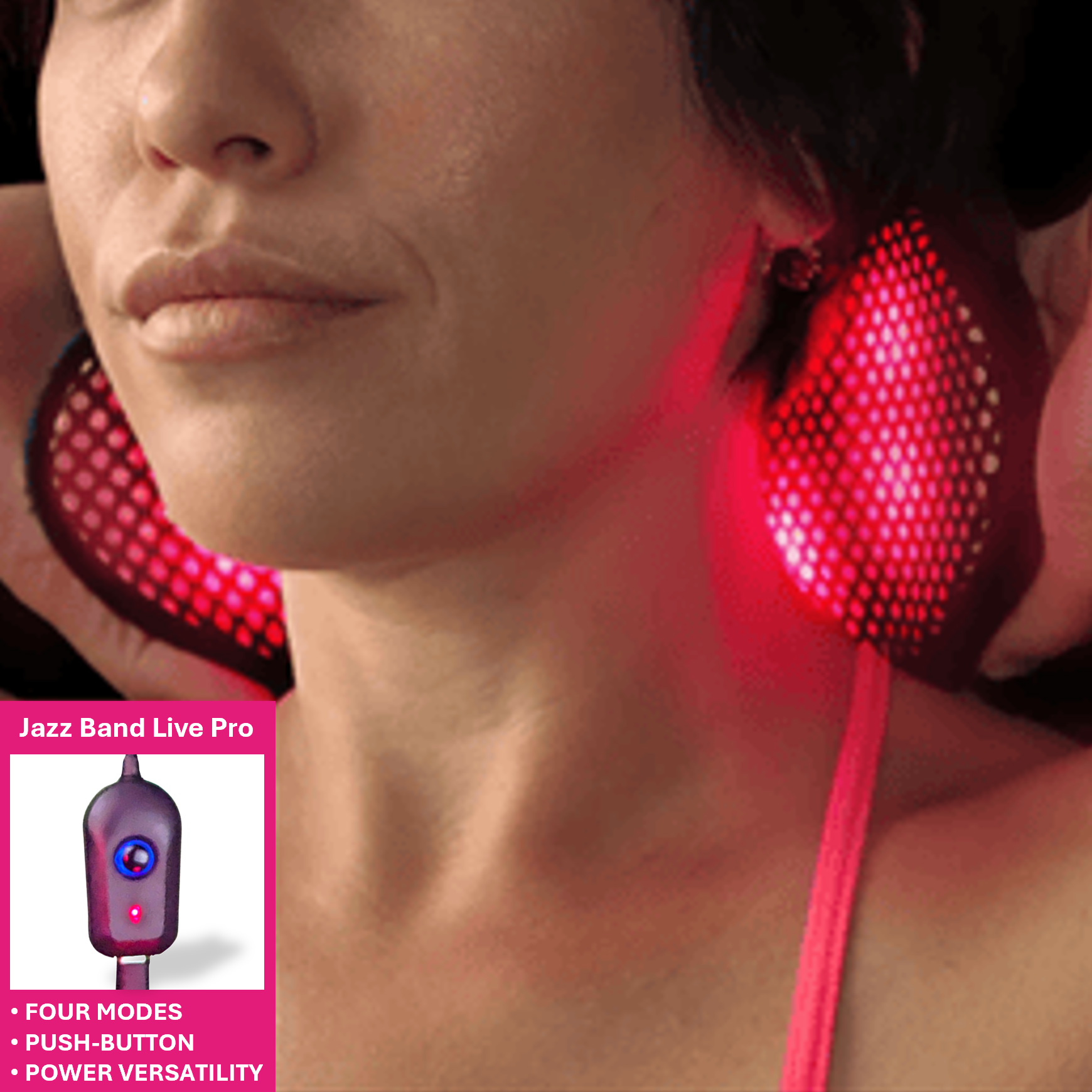 Heated therapeutic device with red light, claims of customer satisfaction, and endorsement logos.