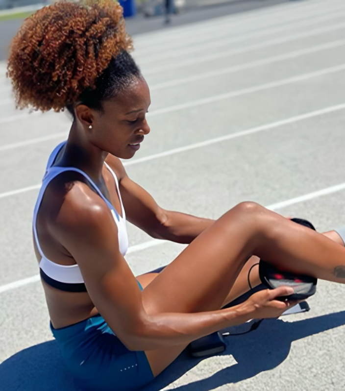 Woman sitting on a track wearing athletic gear, using DNA Vibe device