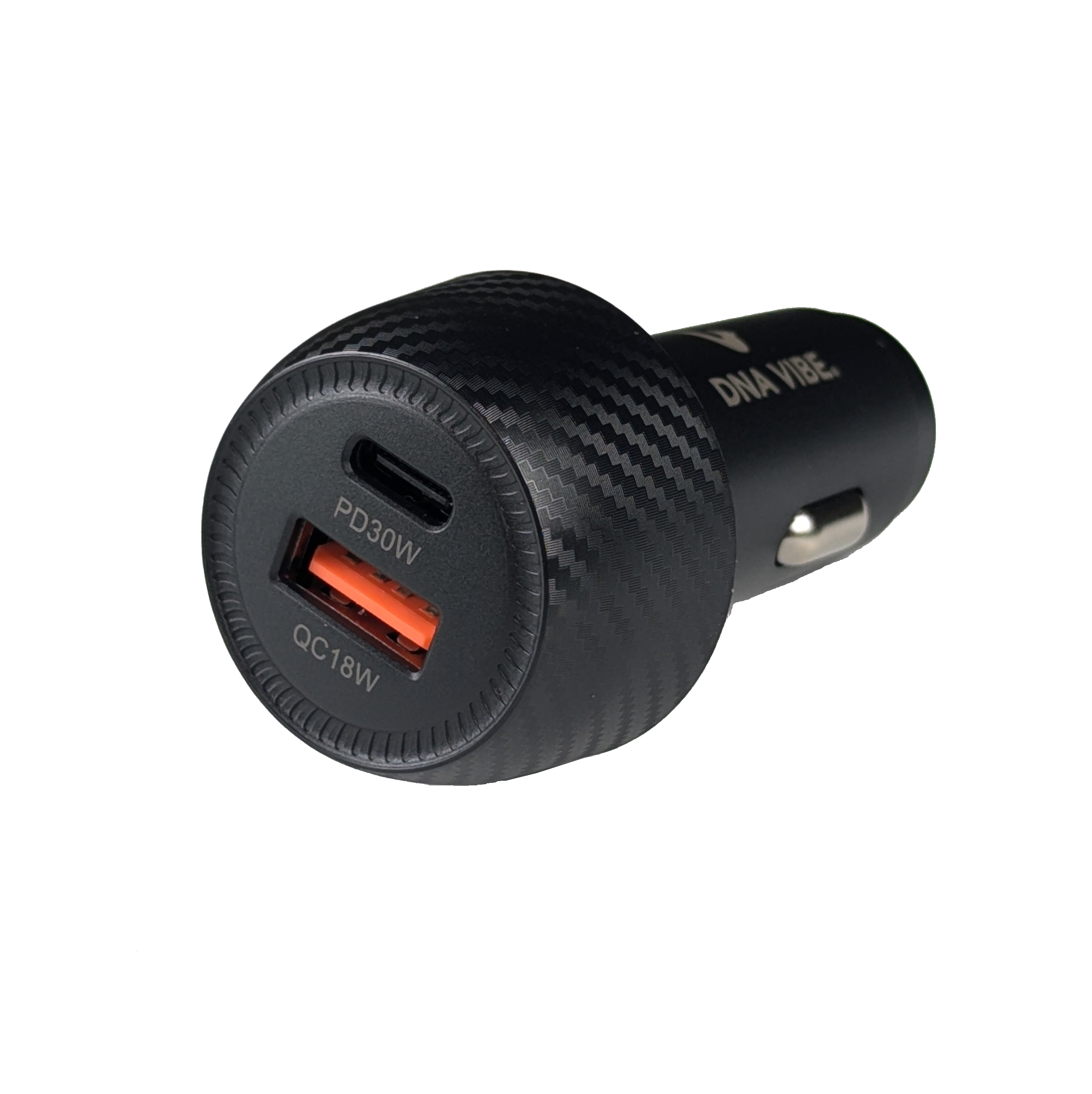 Black car charger with one USB-C and one USB-A port.